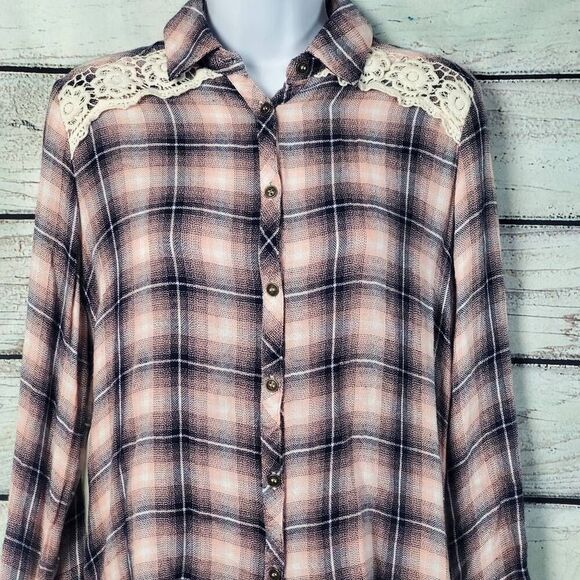 Jolt Women's XL Pink Plaid Button Down Shirt Lace Back Sheer Contrast Long Sleev - Picture 5 of 8